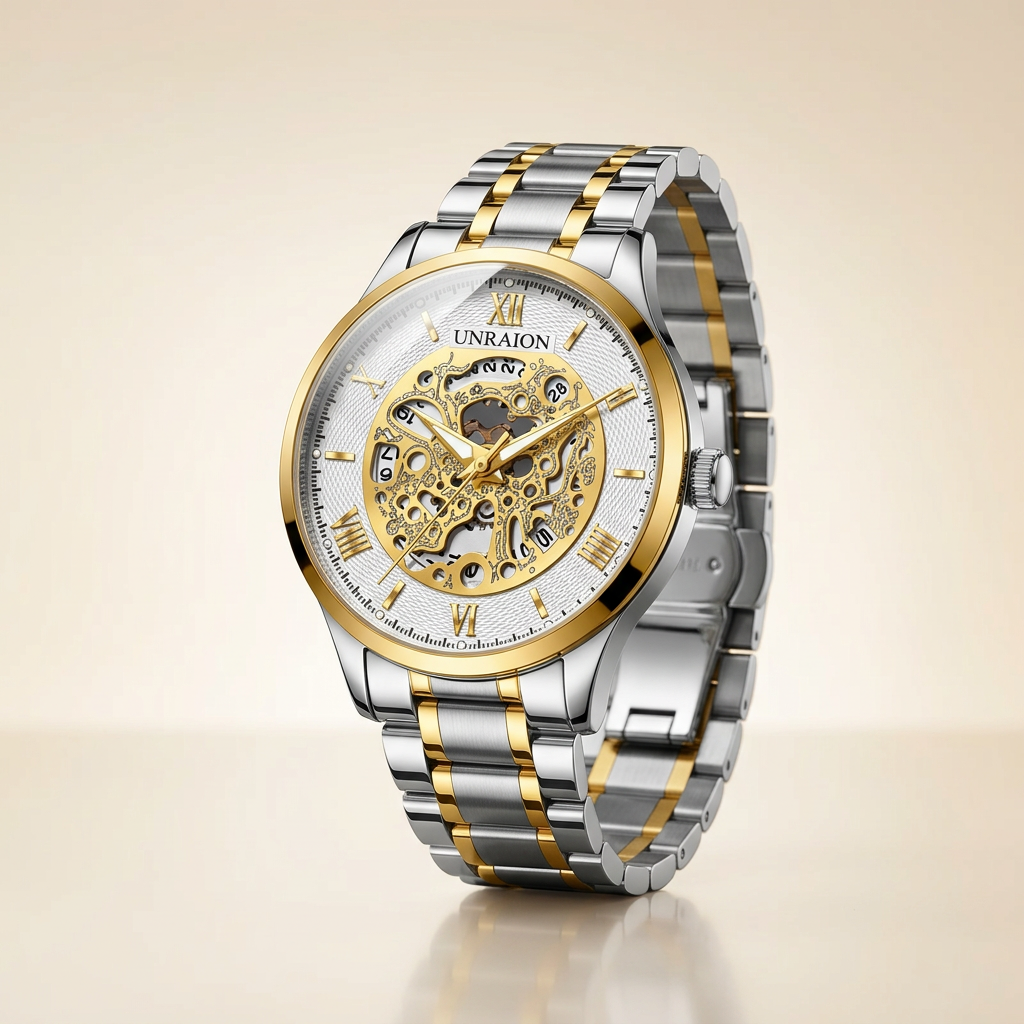 Unraion Skeleton Watch — Stainless Steel Gold Accents